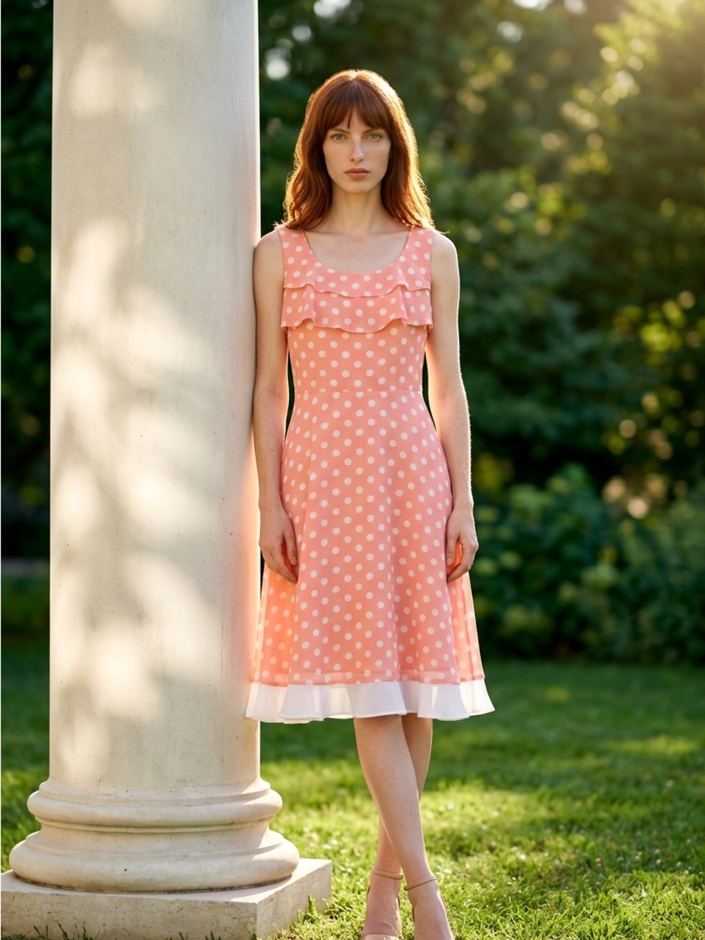 Sleeveless Pink Polka Dot Ruffle Dress with White Hem